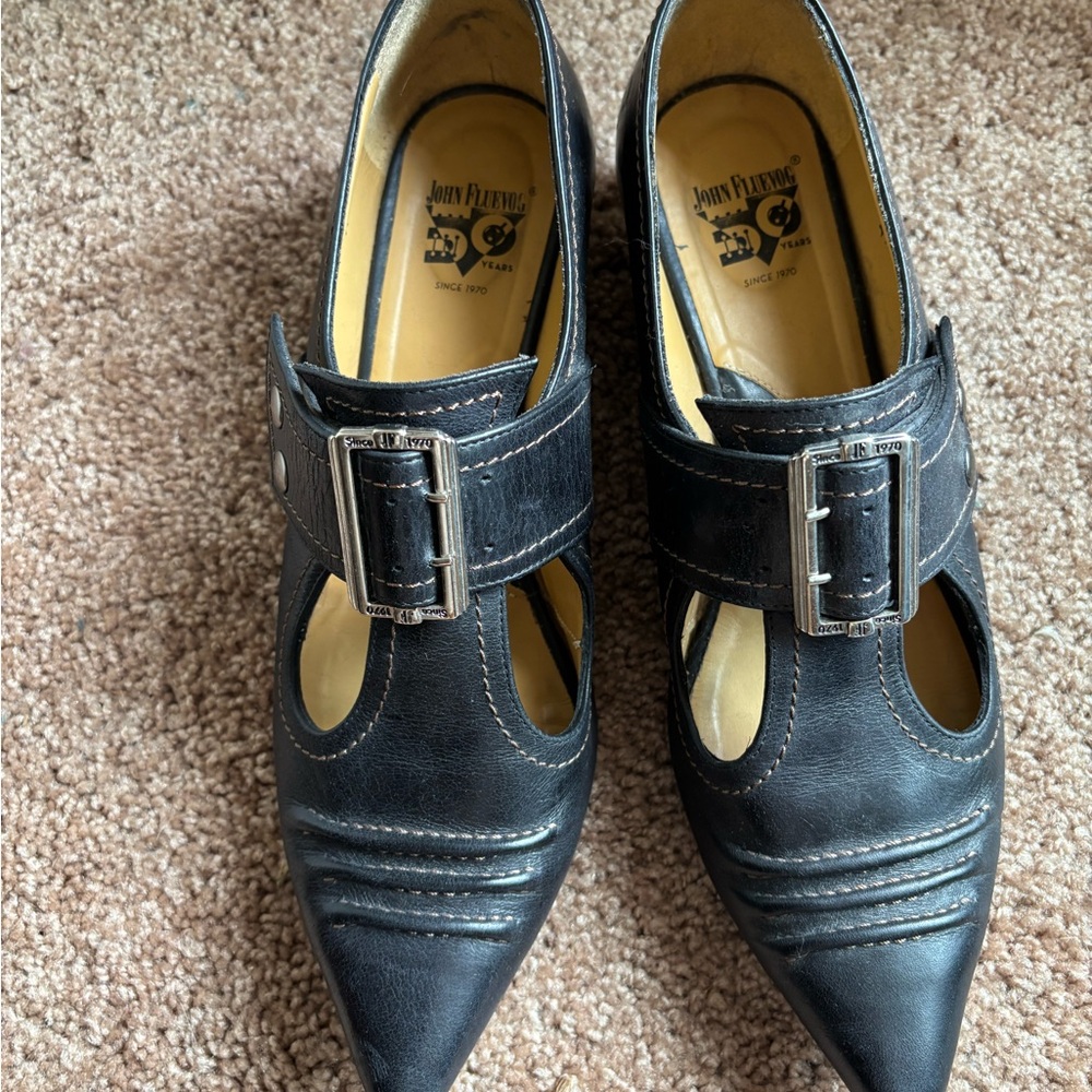 John Fluevog Pilgrim Black Buckle Heels